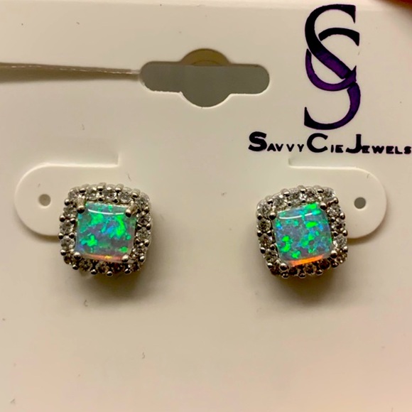 NWOT Savvy Cie Sterling Silver CZ Halo Created Opal Stud Earrings - Picture 2 of 10